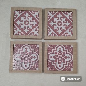 Bundle of 4 Pink White 8x8 Tile Square Wall Art Decor Plaques Boho Cottagecore